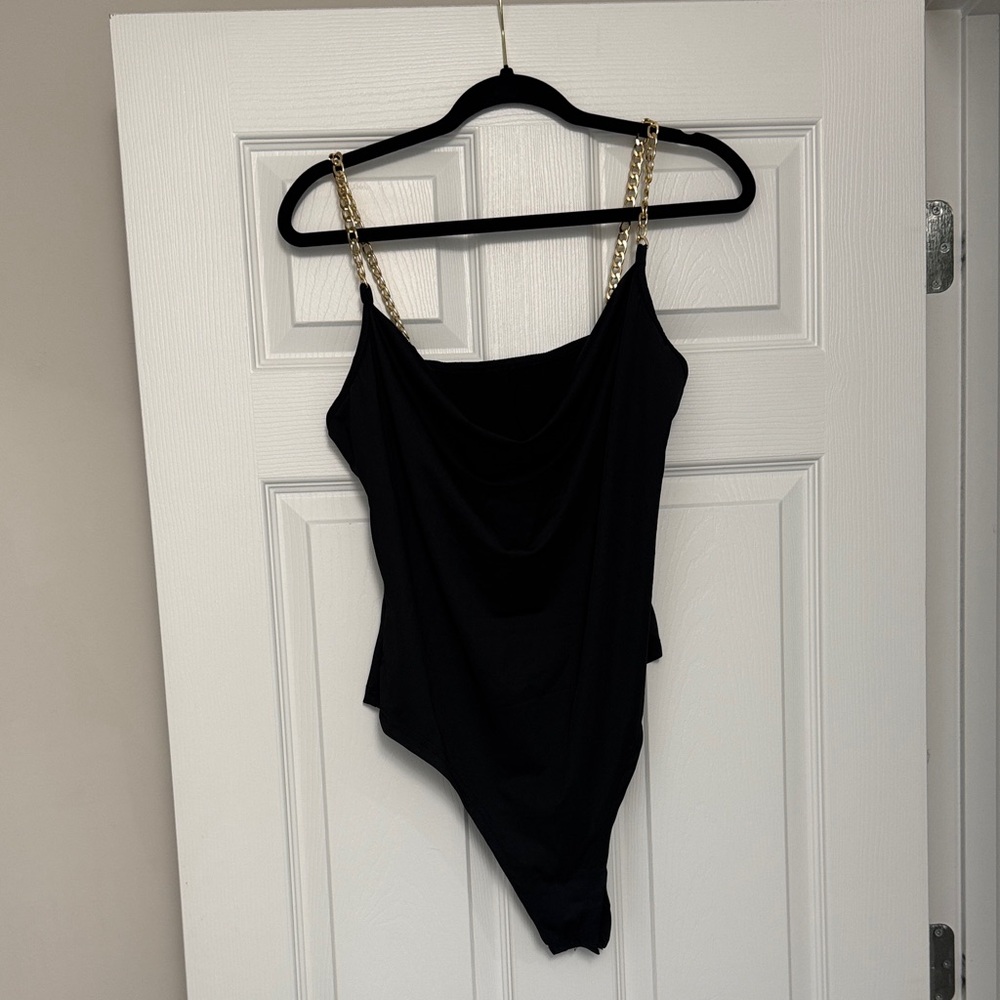 SHEIN Black Bodysuit with Gold Chain Straps